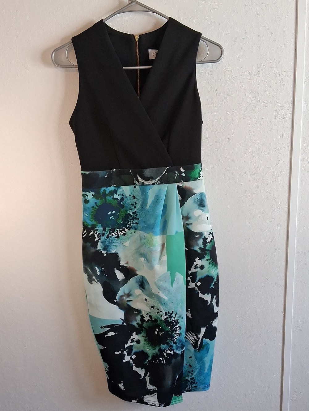 Closet London Black Bodice Teal Green Floral Midi Sheath Dress